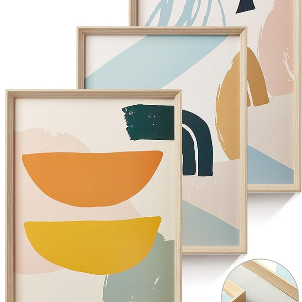 Framed Boho Wall Art for Bedroom,Abstract Canvas Wall Decor,12x16IN Minimalist High Framed Wood Design Prints for Living Room,Bathroom Set of 3