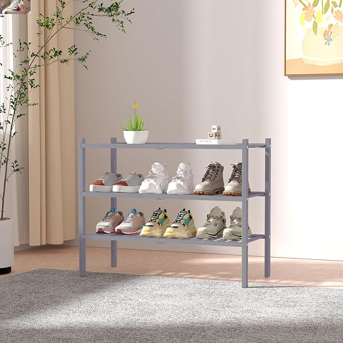3 Tier Bamboo Shoe Rack for Closet Free Standing Wood Shoe Shelf Storage Organizer for Entryway Small Space Stackable 27