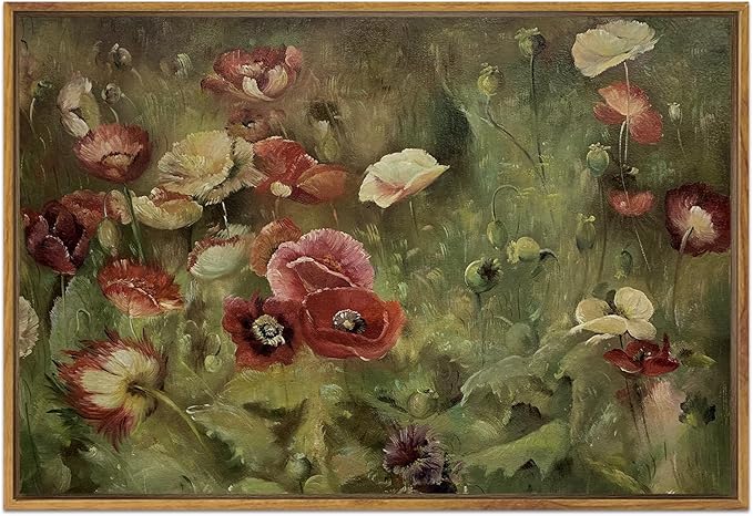 SHENIFY 24x36in Large Vintage Landscape Framed Canvas Wall Art Poppies Flower Classic Wall Prints Modern Kitchen Bathroom Office Decor - Natural Framed