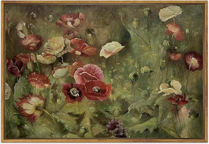 SHENIFY 24x36in Large Vintage Landscape Framed Canvas Wall Art Poppies Flower Classic Wall Prints Modern Kitchen Bathroom Office Decor - Natural Framed