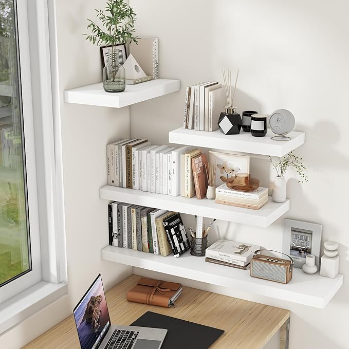Fun Memories White Floating Shelves for Wall, 30 x 9 Inch Floating Shelf Set of 2, Rustic Natural Wood Wall Shelves, 9