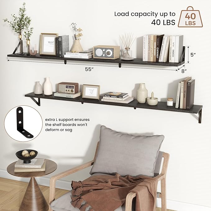 Axeman 55 Inch Floating Shelves | 8 Inch Deep Black Wall Shelves Set of 2 | 55