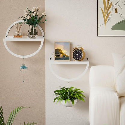 Floating Wall Shelves Set of 2, 11.8 Inch Round Metal Shelves for Wall Decor, One-Tier Small Display Shelf for Bedroom, Living Room, Bathroom, Kitchen Storage & Decoration, White