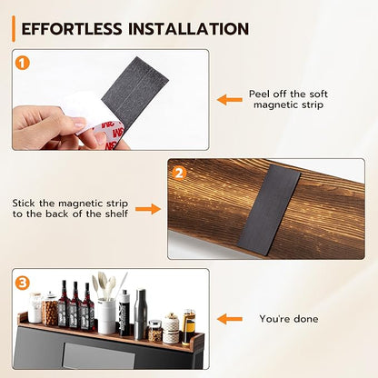 Fun Memories Stove Top Shelf, 30" Magnetic Shelf for Kitchen Stove, Pine Wood Stove Shelves, Wall Mounted Shelves for Home Storage Organization, Heat and Pressure Resistant, 1pcs, Dark Brown