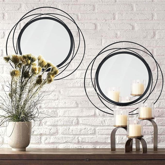 Cityelf 2 Set 15.7'' Black Circle Mirrors Wall Decor Iron Frame Wall Art Round Mirror Home Decor Hanging for Living Room/Bedroom/Bathroom/Entryway (Medium Size 15.7 inch,Circles)