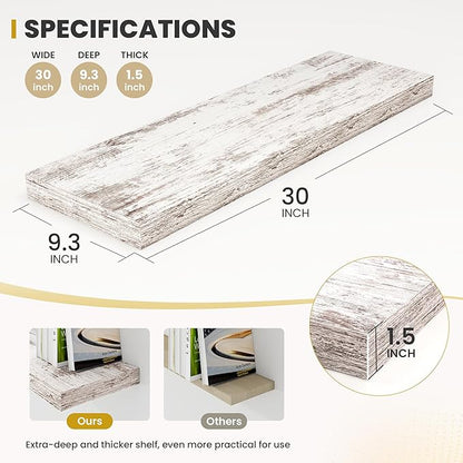 30 Inch Floating Shelves, 9.3" Deep Floating Shelf Wall Mounted, 30" Wall Shelves, Rustic Deep Bookshelf, Large Display Shelves & Storage Shelves for Bedroom, Living Room, Rustic, Set of 2