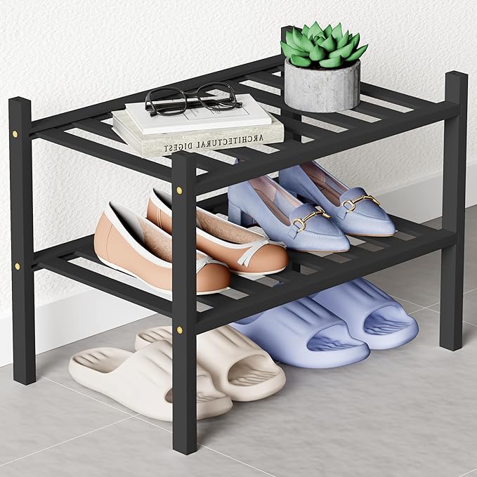 Smiry Bamboo Shoe Rack for Closet, 2 Tier Small Wooden Stackable Shoe Organizer, Free Standing Shoes Storage Shelf for Entryway, Front Door Entrance, Black
