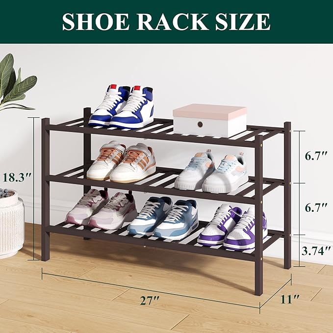 Smiry Bamboo Shoe Rack for Closet, 3 Tier Wooden Stackable Shoe Organizer, Free Standing Shoes Storage Shelf for Entryway, Front Door Entrance, Brown