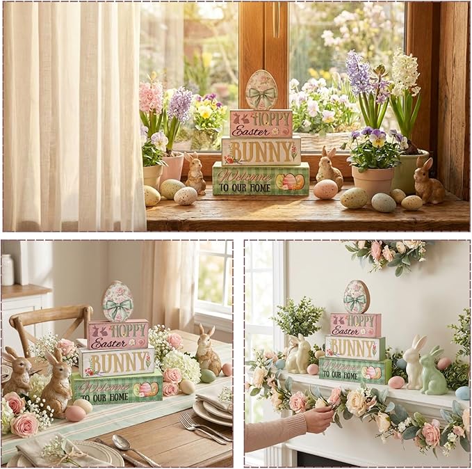 Easter Decorations, 4 Pcs Wooden Easter Table Decorations, Easter Egg Tiered Tray Decor, Vintage Wooden Table Sign for Desk Shelf Mantel Coffee Bar, Indoor Home Decor