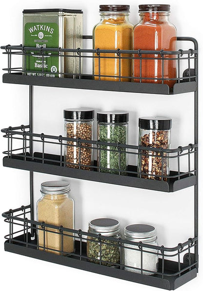 Spectrum 3 Tier Hanging Spice Rack for Wall Black Steel Kitchen Spice Organizer, Wall Mounted Metal Three Tier Metal Spice Organizer Rack for Kitchen Cabinet Pantry Organization