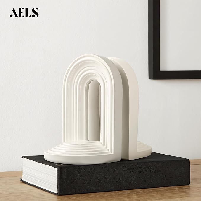 AELS Mordern Bookends, Mid Century Arch Heavy Duty Book Ends, Unique Decorative Bookend Supports for Shelves, Office Desktop Book Stand, Stopper for Books/Movies/CD, Cream