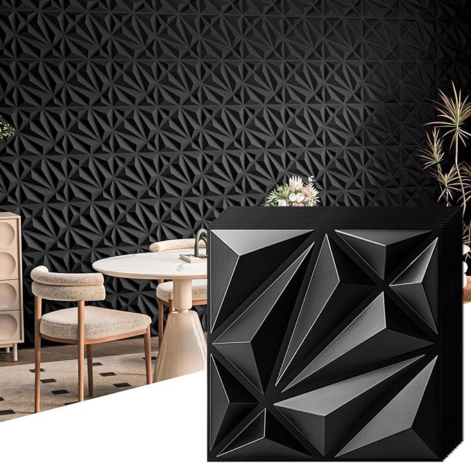 Art3d 33-Pack 3D Wall Panel for Interior Wall Décor, Diamond Textured PVC Accent Wall Paneling for Living Room Bedroom Office TV Wall Background, 11.8"x11.8" Cover 32.Sq.Ft., Black