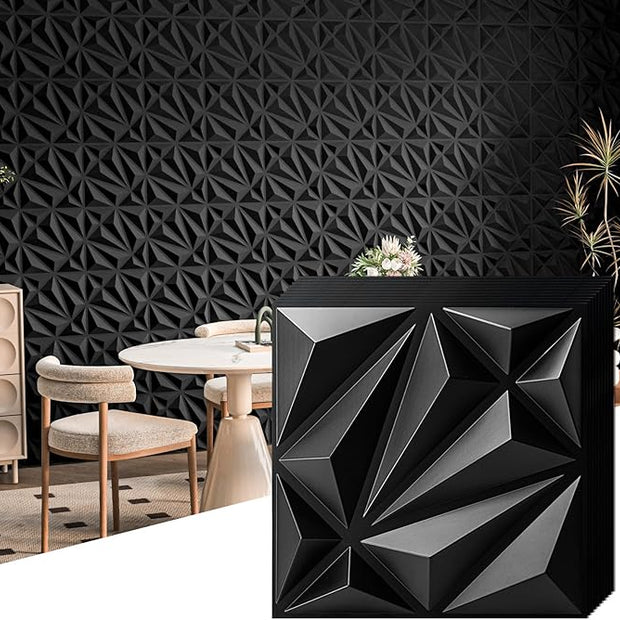 Art3d 33-Pack 3D Wall Panel for Interior Wall Décor, Diamond Textured PVC Accent Wall Paneling for Living Room Bedroom Office TV Wall Background, 11.8"x11.8" Cover 32.Sq.Ft., Black
