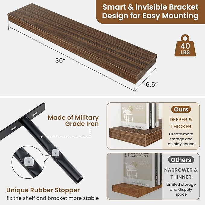 fuqing Floating Shelves for Wall, Wall Mounted Wood Floating Shelf with Invisible Brackets for Living Room, Bathroom, Bedroom, Kitchen Storage and Decor, 36 Inch Set of 2, Walnut
