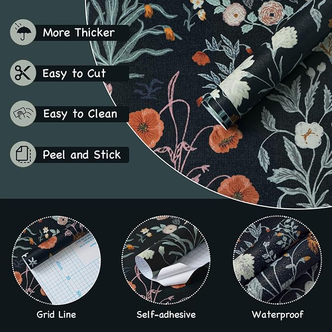 Floral Peel and Stick Wallpaper Vintage Wallpaper Dark Blue Wall Paper Wildflower Contact Paper for Cabinets Vinyl Renter Friendly Waterproof Self-Adhesive Bathroom Kitchen Bedroom 78.7