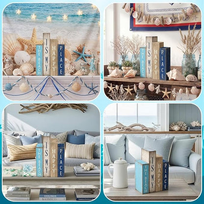 4 Pcs Summer Table Decoration Wooden Book Coastal Beach Decoration Blue and White Summer Tiered Tray Decor Wood Book Signs Farmhouse for Ocean Party Home Shelf Coffee Table