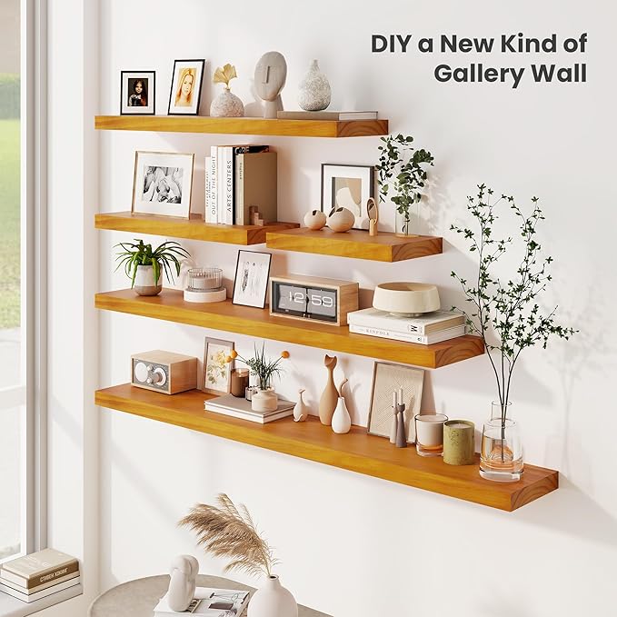 Fun Memories Wood Floating Shelves Set of 2, Rustic Pine Wood Floating Shelves for Wall Mounting, Wide Wall Shelf for Home Decor and Storage, 16" W x 7" D, Honey Oak