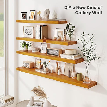 Fun Memories Wood Floating Shelves Set of 2, Rustic Pine Wood Floating Shelves for Wall Mounting, Wide Wall Shelf for Home Decor and Storage, 16" W x 7" D, Honey Oak