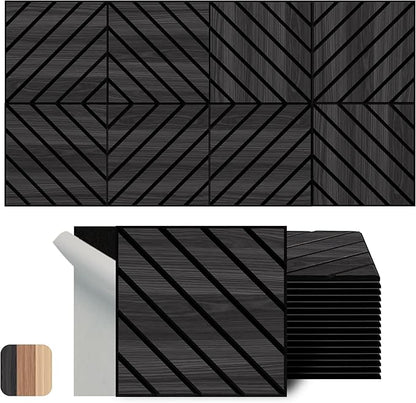 WoveN SounD Artisan Acoustic Wall Panels, 16 Pack 12x12 Inch, Wood Veneer Carved Sound Proof Wall Decor, Self-Adhesive for Home, Studio, Office & Focus Zones, Twill Pattern, Black Oak
