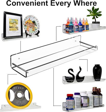 AMT 2 Pack Acrylic Floating Shelves, 15" L x 4" W, Clear Bathroom Wall Shelf, Bookshelves, Invisible Display for Office, Bedroom, Small Gap Allows Water to Escape, Free Screws & Drill Bit (Large)