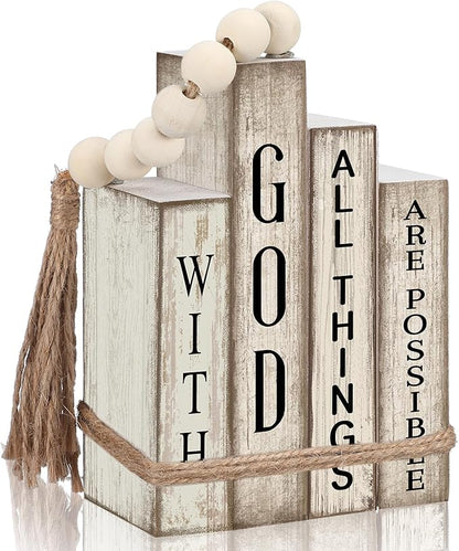 4 Pcs Christian Table Decor Wooden Book Stack Decor with God All Things are Possible Farmhouse Centerpiece with Beaded Garland Tassel Christian Home Decorations for Office, Shelf, Gift