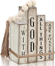 4 Pcs Christian Table Decor Wooden Book Stack Decor with God All Things are Possible Farmhouse Centerpiece with Beaded Garland Tassel Christian Home Decorations for Office, Shelf, Gift