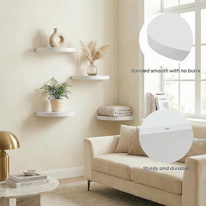 Small Wood Floating Shelves (4-Pack, 8-inch Diameter) - Round Sturdy Invisible Wall Mount Display for Small Plants,Toys,Bathroom,Living Room Storage & Modern Rustic Décor (White)