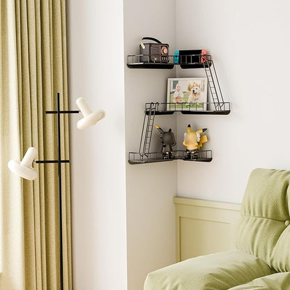 Fire Escape Wall Shelf - Modern City Style 3-Tier Corner Wall Shelves, Easy to Install Metal Ladder Shelf for Figures, New York Decorative Shelves for Bathroom, Living Room & Home Decor,Black