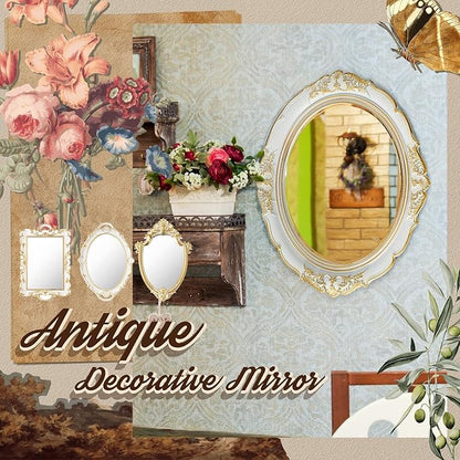 4 Pcs Vintage Gold Mirrors Set Including Small Oval Wall Mirror Antique Shield Shape Square Decorative Mirror Dresser Mirrored Tray for Bedroom Wedding Victorian Decor (Elegant,White)
