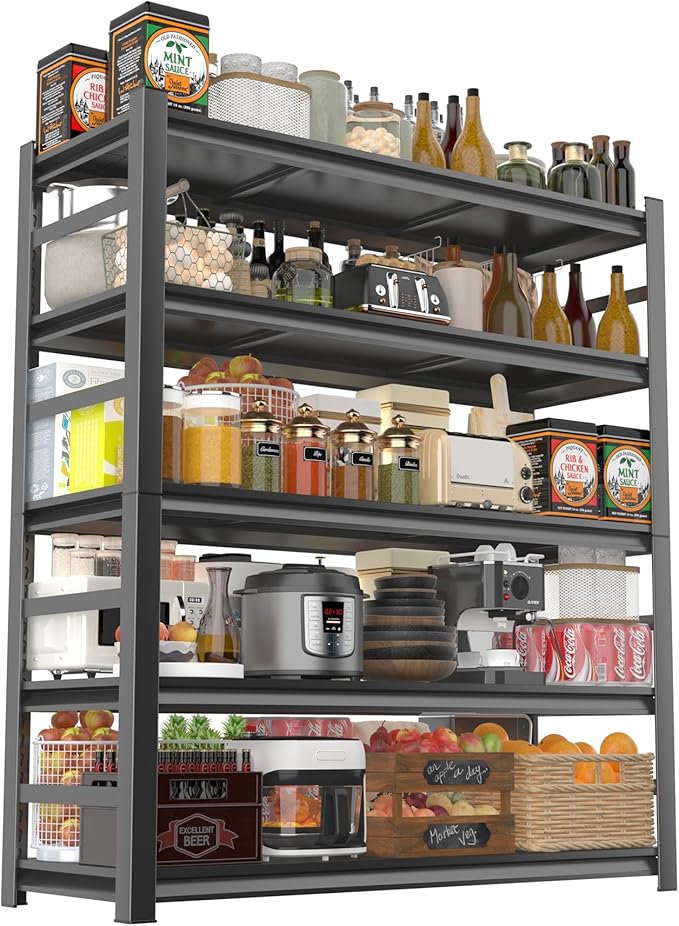 5-Tier Storage Shelves for Kitchen, Metal Stand Rack with Storage, Kitchen Island with Storage Shelf, Microwave Stand 72”H*48”W*24”D, Free Standing Storage Shelf Rack, with Railings