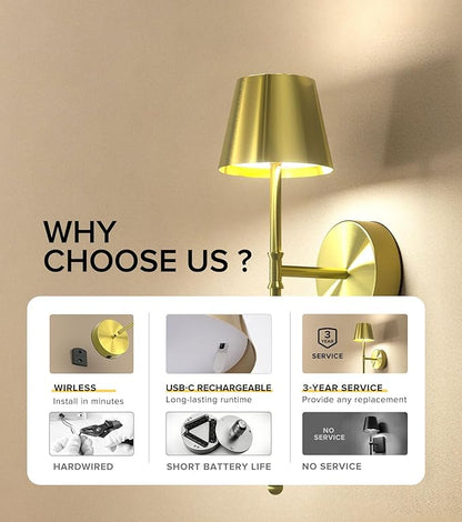 UME Wireless Sconces Set of 2 with Remote, 5200mAh Battery Powered Sconces - Small Rechargeable Sconces w/ 3 Color Temps & 5 Brightness Levels for Bedroom, Living Room, Wall Painting, Cafe(Gold)