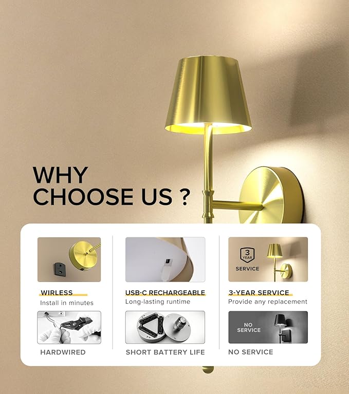 UME Wireless Sconces Set of 2 with Remote, 5200mAh Battery Powered Sconces - Small Rechargeable Sconces w/ 3 Color Temps & 5 Brightness Levels for Bedroom, Living Room, Wall Painting, Cafe(Gold)