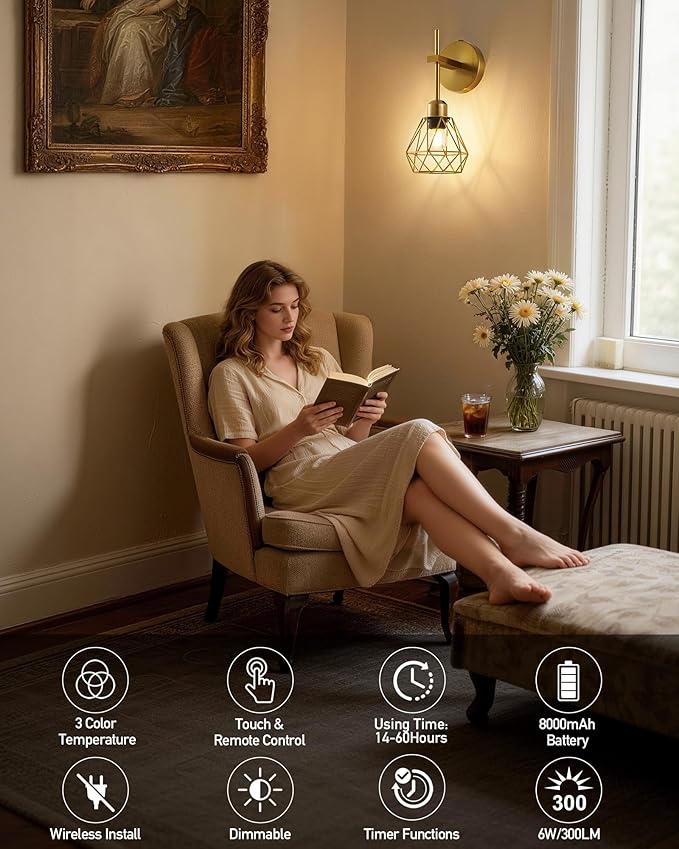 Gold Hollow Wireless Battery Operated Wall Sconces Set of 2, 8000mAh Rechargeable Dimmable Wall Light with Remote, Cordless Battery Powered Lamp Decor Fixture for Bedroom Living Room Hallway