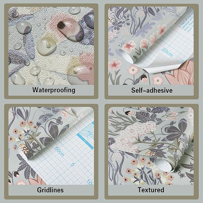 Peel and Stick Wallpaper Vintage Wall Paper Gray/Purple Floral Contact Paper Removable Wallpaper 17.3
