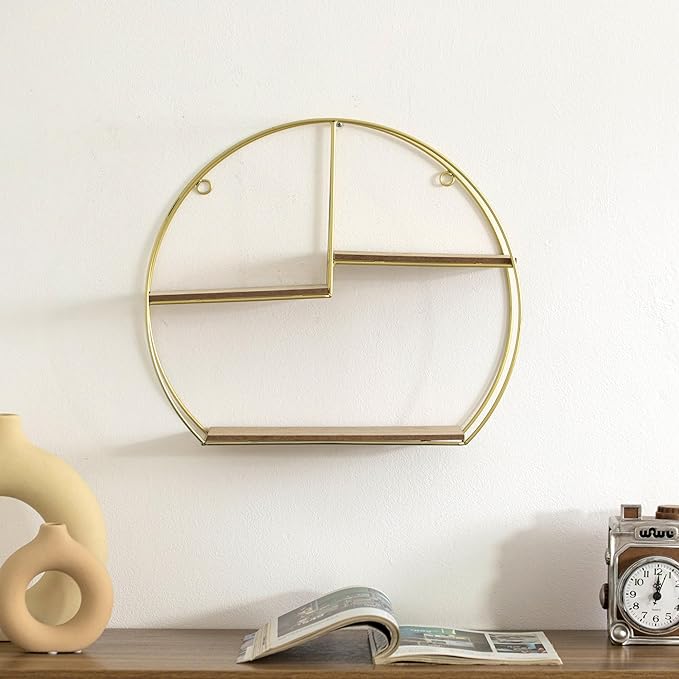 Vintiquewise Elegant 3-Tier Decorative Floating Geometric Arc Wall Shelf - Semi-Circular Metal and Wood Wall-Mounted Shelf for Entryway, Bathroom, Bedroom, and Living Room Decor, Gold Finish