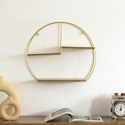 Vintiquewise Elegant 3-Tier Decorative Floating Geometric Arc Wall Shelf - Semi-Circular Metal and Wood Wall-Mounted Shelf for Entryway, Bathroom, Bedroom, and Living Room Decor, Gold Finish