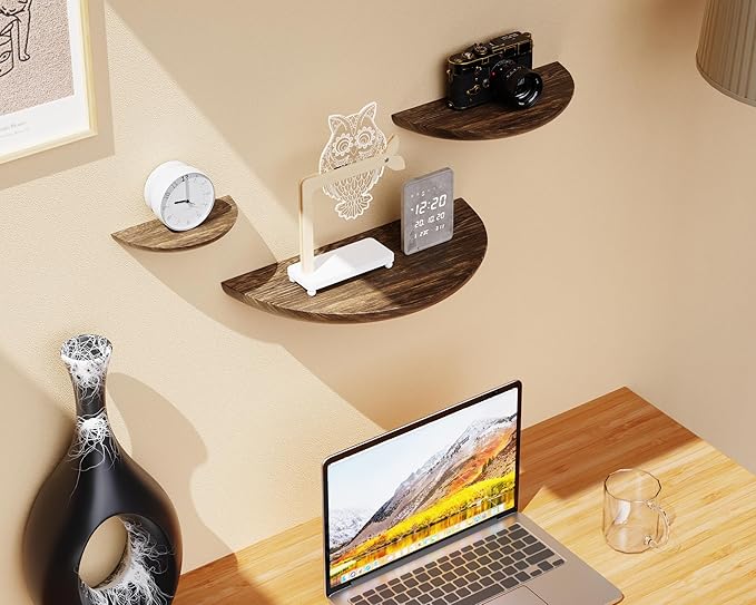 Solid Wood Half Round Floating Wall Shelves | Elegant Floating Shelves, Elevate Your Space. Perfect for Living Rooms, Bathrooms, Bedrooms, Offices, Children's Rooms Brown