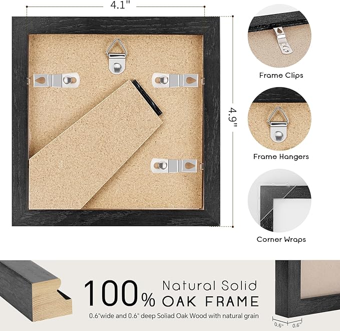 puthiac 4x4 Solid Oak Wood Picture Frame, Fits 3x3 with Mat or 4x4 Without Mat, Wall or Tabletop Display with Stand, Plexi Front, 3 Pack, Black