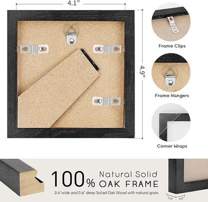 puthiac 4x4 Solid Oak Wood Picture Frame, Fits 3x3 with Mat or 4x4 Without Mat, Wall or Tabletop Display with Stand, Plexi Front, 3 Pack, Black