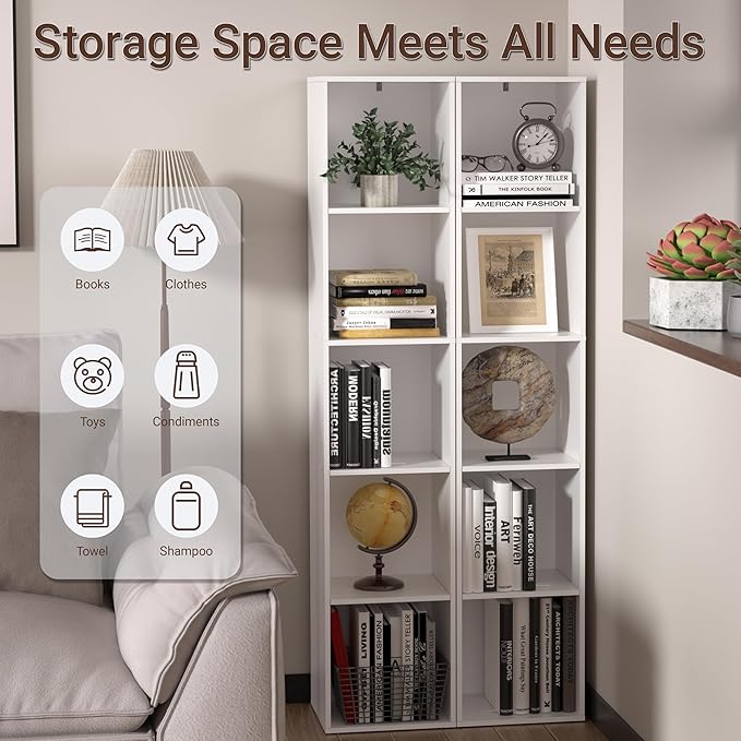 5 Cube Storage Organizer, 5 Tier Cube Low Bookcase Freestanding Storage Display Organizer, Five-Cubes Open Shelf Bookshelf for Home Office White, 5-Cube