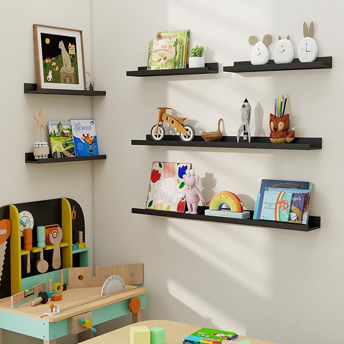 Axeman Picture Ledge Shelf, Floating Shelves for Decor Storage Set of 6, 24 inch Floating Wall Mounted Shelves, Wall Shelves with Lip for Living Room, Bedroom, Nursery, Bathroom, Kitchen, Black