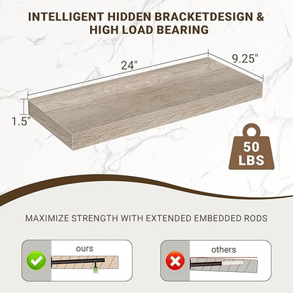 24 Inch Floating Shelves, 3D Textured Wood Grain, 24"x9.25"x1.5" Inch Deep Floating Shelves for Wall, Wooden Shelves for Bathroom, Bedroom, Living Room, Vintage Gray Oak, 2 Pieces