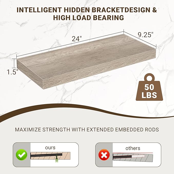 24 Inch Floating Shelves, 3D Textured Wood Grain, 24