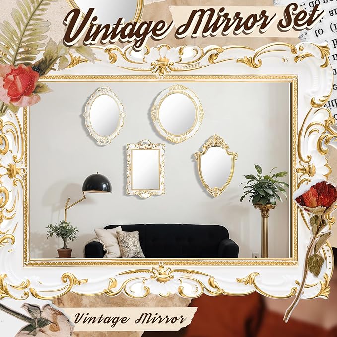 4 Pcs Vintage Gold Mirrors Set Including Small Oval Wall Mirror Antique Shield Shape Square Decorative Mirror Dresser Mirrored Tray for Bedroom Wedding Victorian Decor (Elegant,White)