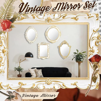 4 Pcs Vintage Gold Mirrors Set Including Small Oval Wall Mirror Antique Shield Shape Square Decorative Mirror Dresser Mirrored Tray for Bedroom Wedding Victorian Decor (Elegant,White)