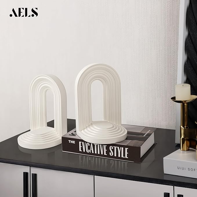 AELS Mordern Bookends, Mid Century Arch Heavy Duty Book Ends, Unique Decorative Bookend Supports for Shelves, Office Desktop Book Stand, Stopper for Books/Movies/CD, Cream