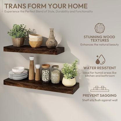 Marsmiles 24 inch Floating Shelves for Wall Solid Elm Wood Shelves|Rustic Wall Shelves with Invisible Heavy-Duty Bracket for Bathroom Living Room Kitchen|Walnut, 2 Pack