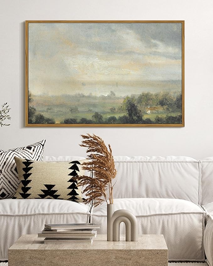 SHENIFY 16x24in Retro Rustic Village Framed Canvas Wall Art Vintage Prints Modern Kitchen Bathroom Office Decor - Natural Framed