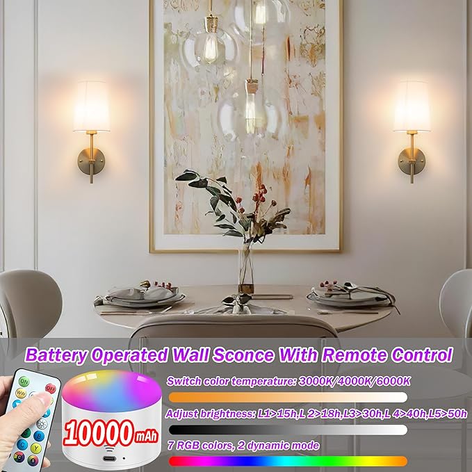 Battery Operated Wall Sconce Set of 2, Wireless Dimmable Battery Powered Wall Lamp with Remote Control,battery Wall Light with White Fabric Shade for Bedroom,Easy To Install,3 Color Temp Bulb Included