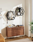 Hexagon Floating Shelves Set of 2, Glass Hanging Shelves for Wall Decor, Industrial Style Wall Storage Rack and 12 S-Hooks, for Living Room, Bedroom, Office, Game Center, Black TBJ08BB